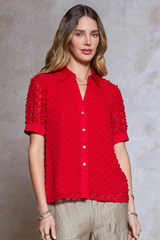 Red Short Sleeve Split Collar Button Down Top