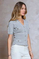 Grey V-Neck Short Sleeve Fitted Knit Cardigan