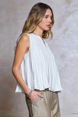 White Pleated Sleeveless Round Neck Top