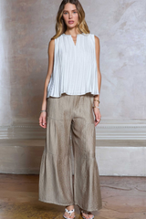 White Pleated Sleeveless Round Neck Top