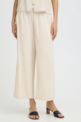 Beige Linen Wide Leg Crop Pants