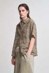 Dusty Olive Seer Plaid Button Front Short Sleeve Top