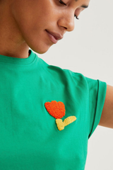 Green Short Slleve Top with Orange Tulip