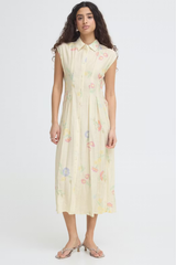 Cream Cross Stitch Print Button Front Sleeveless Dress
