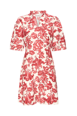 Red Floral Short Sleeve V-Neck Cinched Back Dress