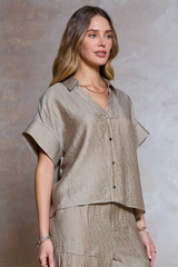 Dusty Sand Button Front Short Sleeve Top