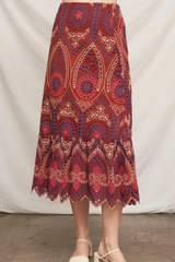 Brick Eyelet Embroidered Midi Skirt with Uneven Hem
