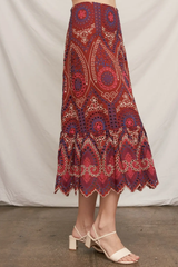 Brick Eyelet Embroidered Midi Skirt with Uneven Hem