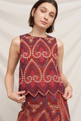 Brick Ruffle Bottom Eyelet Embroidered Top