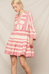 Embroidered 3/4 Sleeve V-Neck Mini Dress