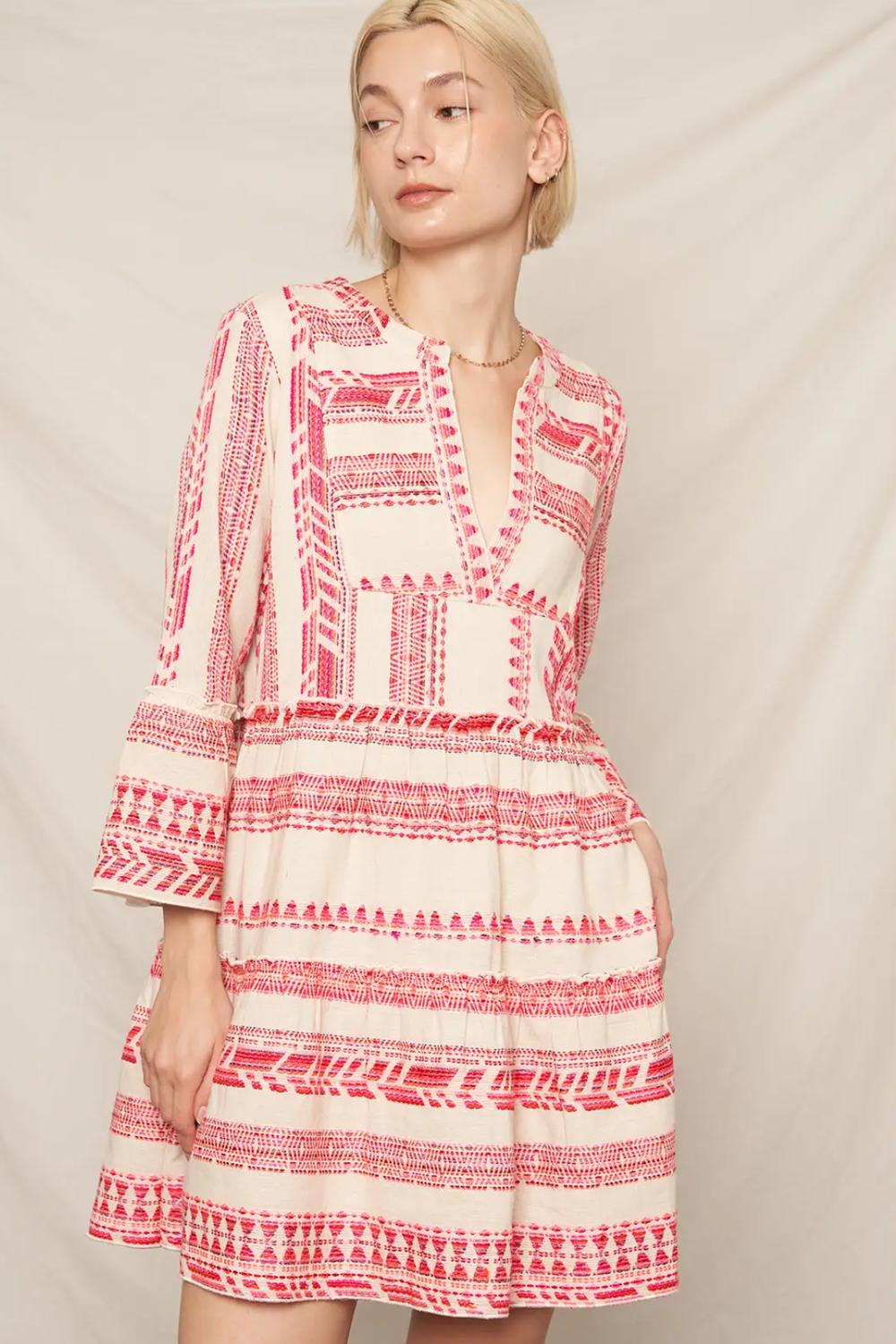 3 4 sleeve summer dress Pink Embroidered 3/4 V-Neck Mini – April Blooms lurex detailing Size:2 x 3