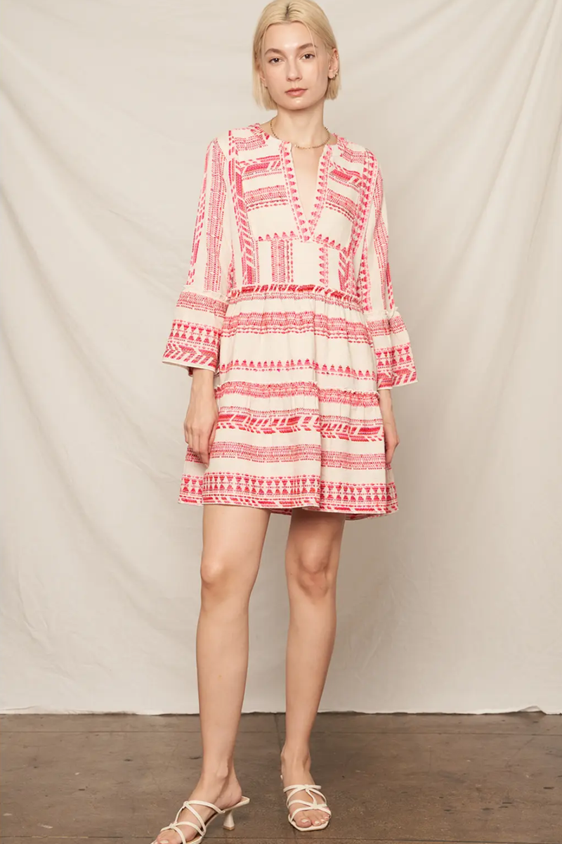 Pink Embroidered 3/4 Sleeve V-Neck Mini Dress Medium / Pink / 70% Cotton 30% Acrylic
