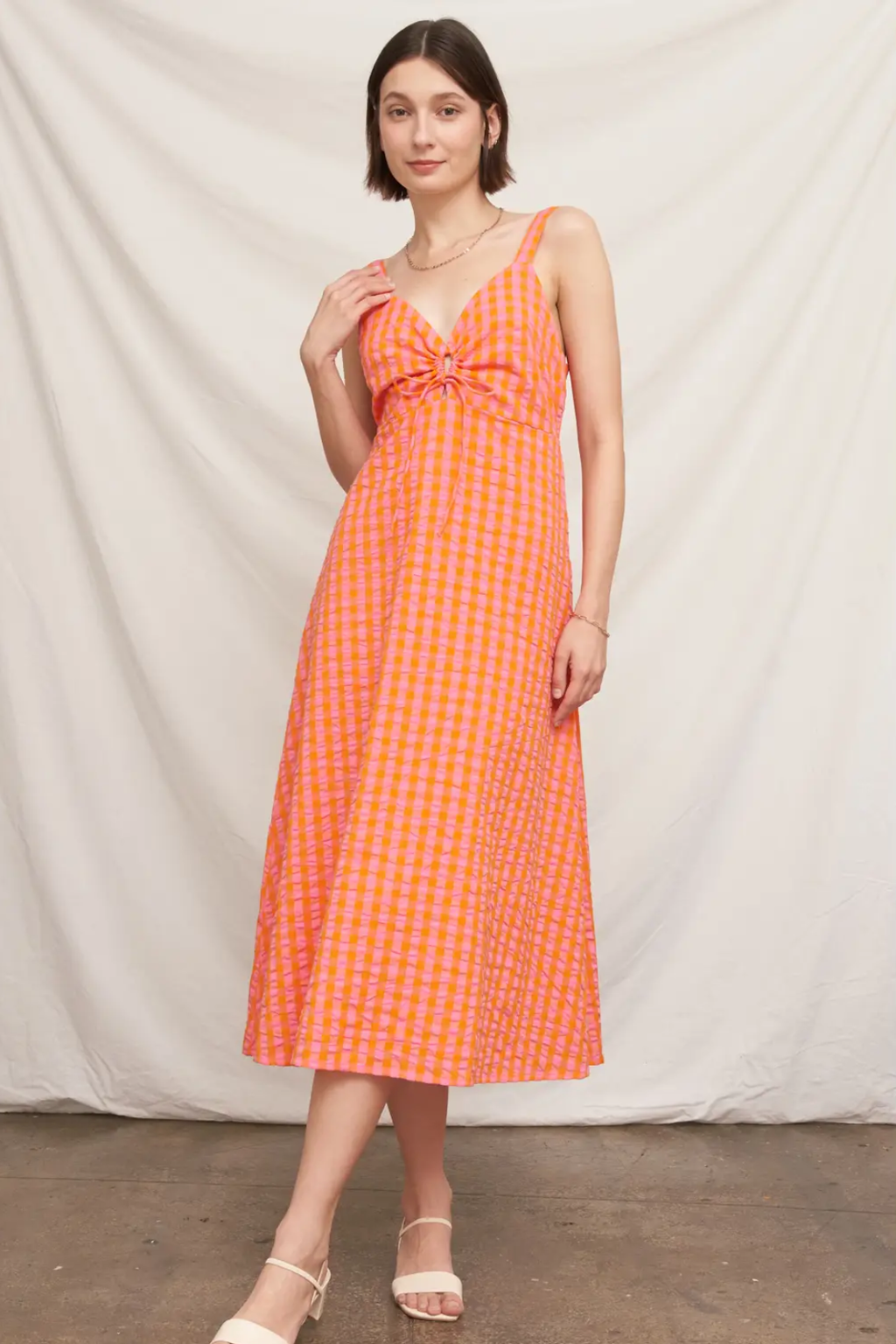 Pink/Orange Sleeveless Keyhole Detail Plaid Midi Dress Medium / Pink/Orange / 100% Cotton