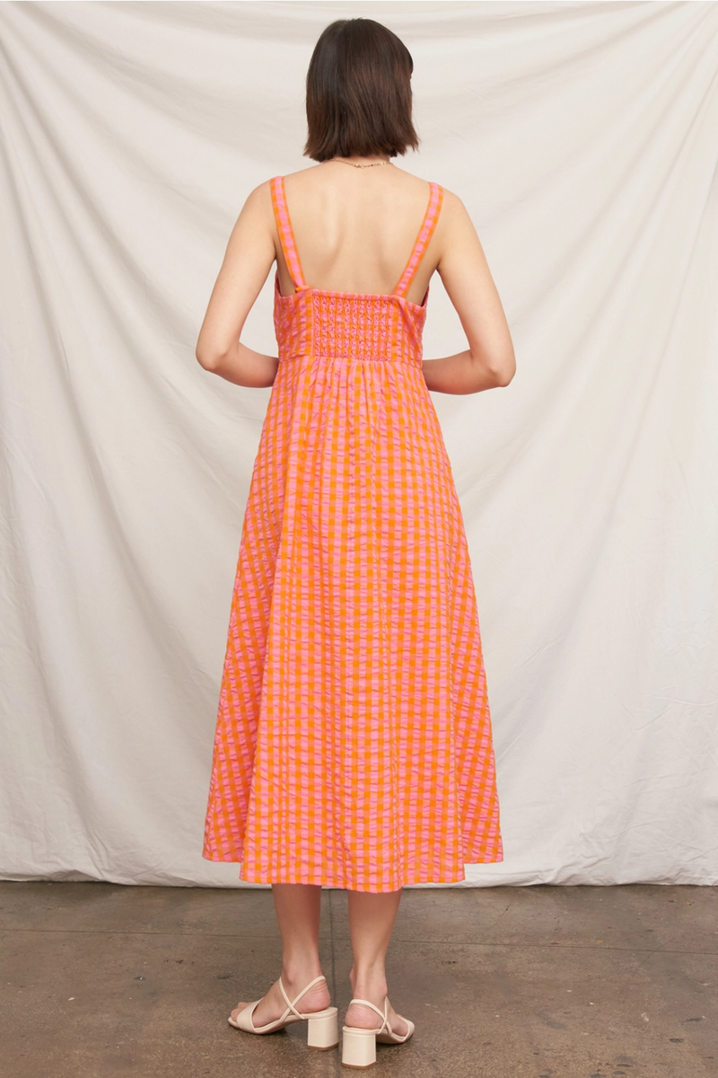 Pink/Orange Sleeveless Keyhole Detail Plaid Midi Dress Medium / Pink/Orange / 100% Cotton