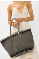 Black/Natural Large Tote W/ Stitch Detail And Rope Straps