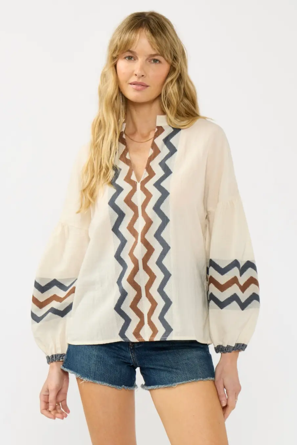 Split Neck Cotton Jacquard Top – April Blooms