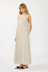 Striped Crossover Halter Maxi Dress