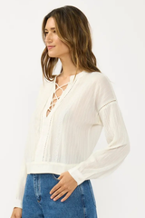 Off White Lace-Up Front Lace Trim Top