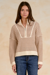 Off Wite/Tan 1/4 Zip Long Sleeve Sweater