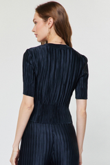 NavyRound Neck Short Sleeve Fitted Pleated Top