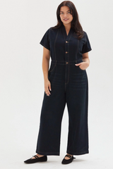 Ashby Faded Black Denim Short Sleeve Jumpsuit