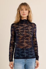 Navy Lace Detail Mock Neck Long Sleeve Top