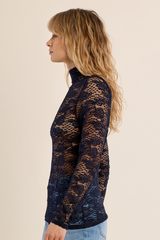 Navy Lace Detail Mock Neck Long Sleeve Top