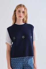 Navy Vest with Green Flowers