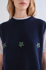 Navy Vest with Green Flowers