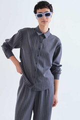 Grey Stripe Button Up Long Sleeve Top