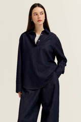 Black  Buttton Up Collar Denim Top