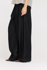 Black Wide Leg Center Seam Elastic Waist Denim Pants
