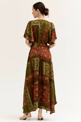 Red Brown and Green Uneven Hem Smocked Waist Short Sleeve Dress