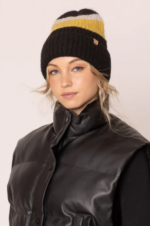 Mustard/Black Striped Knit Beanie