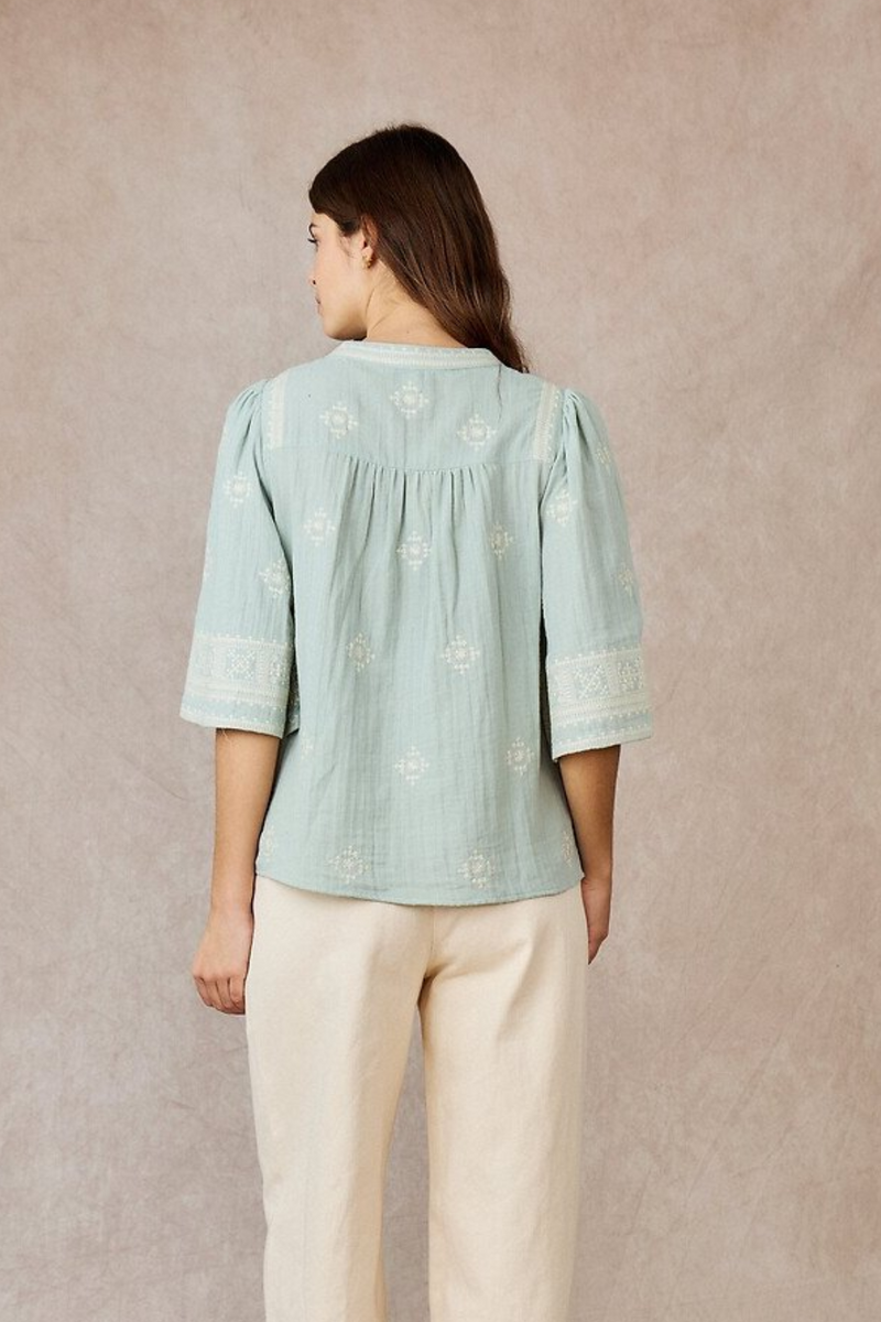 Mint Green with Detailed Cream Embroidery Tie Front Mid Sleeve Top