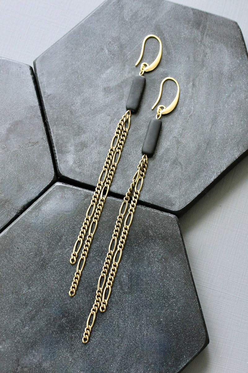 Brass and Black Shoulder Duster Earrings