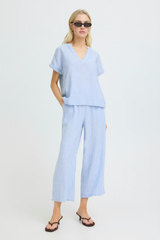 Blue Stripe V-Neck Short Sleeve Linen Top
