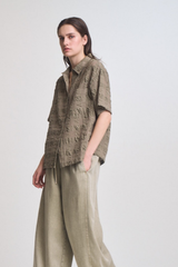 Dusty Olive Seer Plaid Button Front Short Sleeve Top