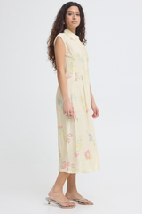 Cream Cross Stitch Print Button Front Sleeveless Dress