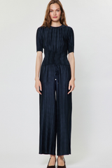 Navy Pleated Elastic Waist with Drawstring Pants