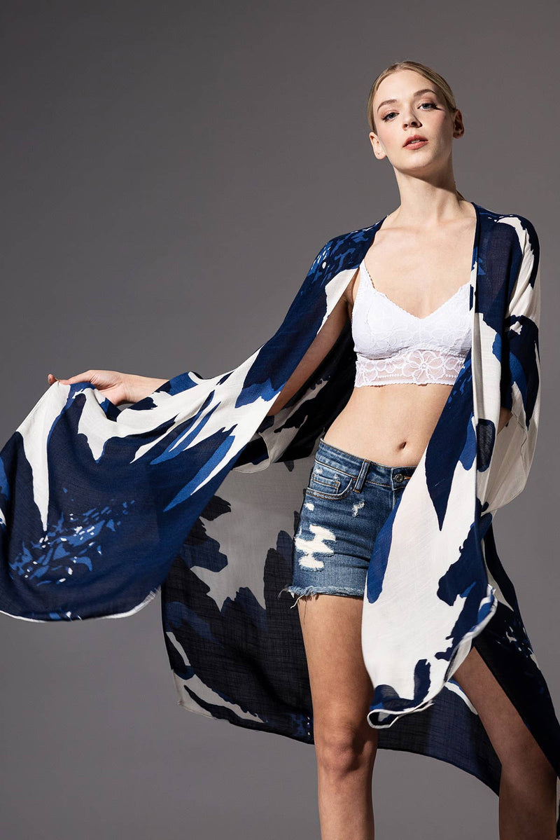 Sweeping Floral Kimono: Navy