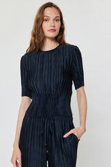 NavyRound Neck Short Sleeve Fitted Pleated Top
