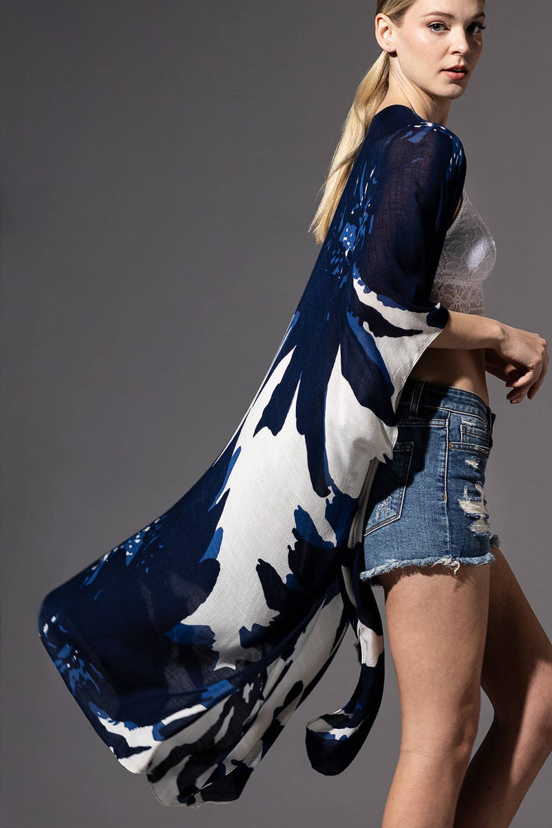 Sweeping Floral Kimono: Navy