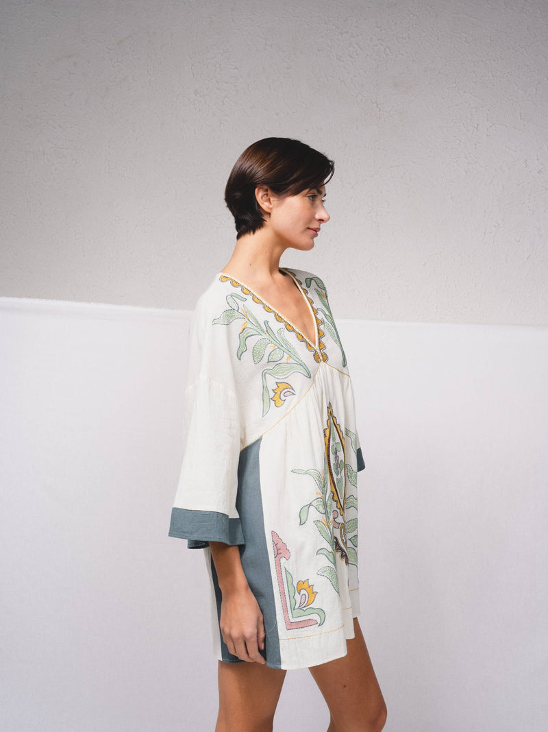 Natural Short Dress with Contrast Embroidery
