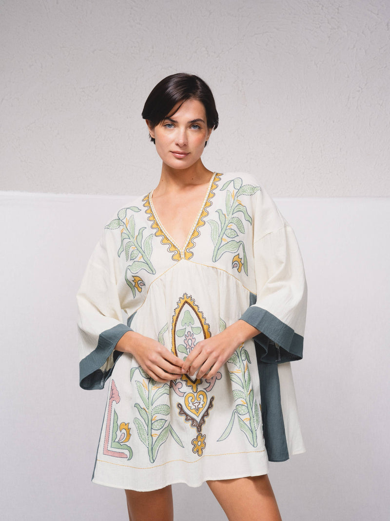 Natural Short Dress with Contrast Embroidery