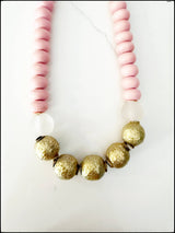 Brass Round Bead Midi Necklace Wood & Recycled Glass Pink
