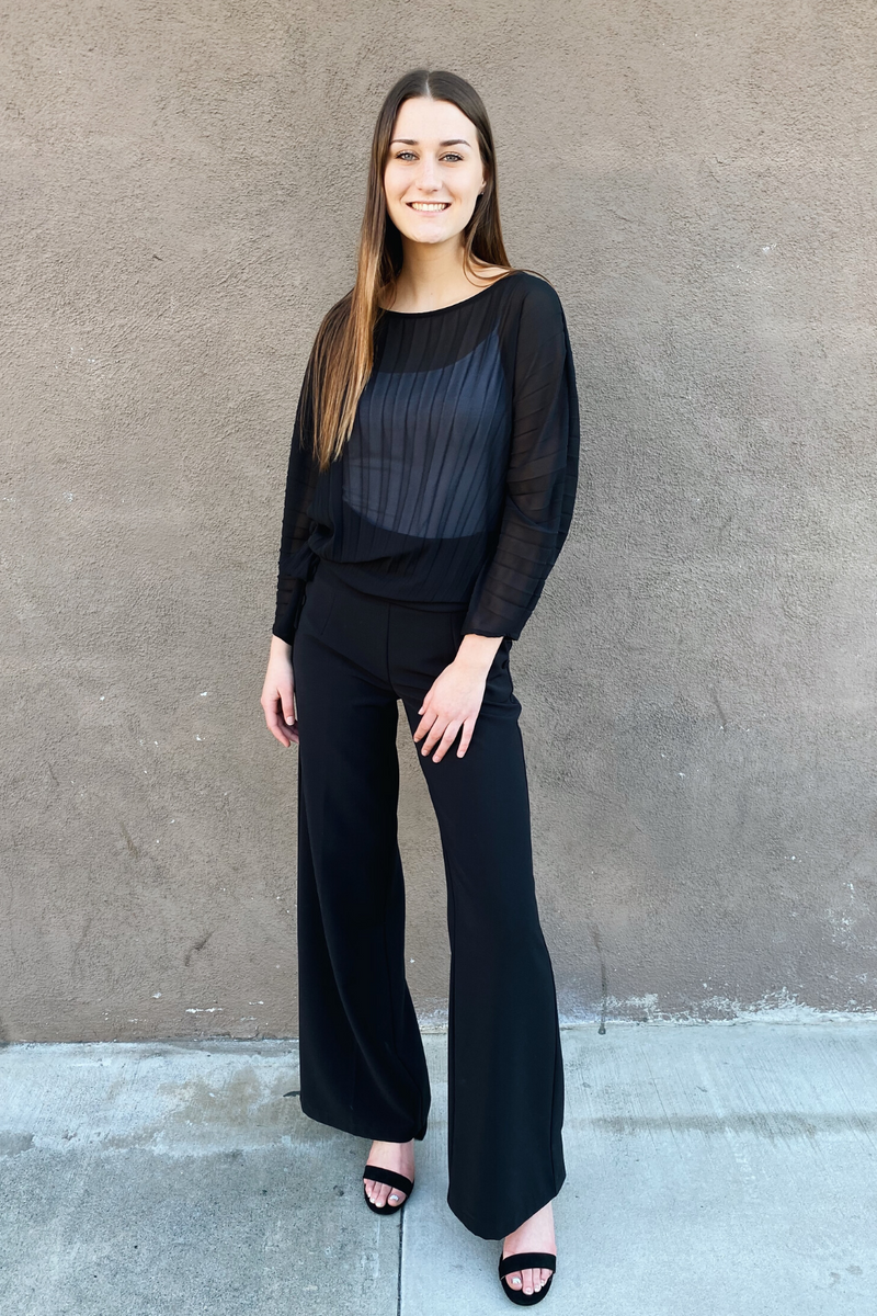 Black Pleated Long Sleeve Top