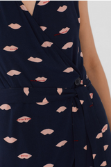 Navy Midi Dress with Pink Lips Print