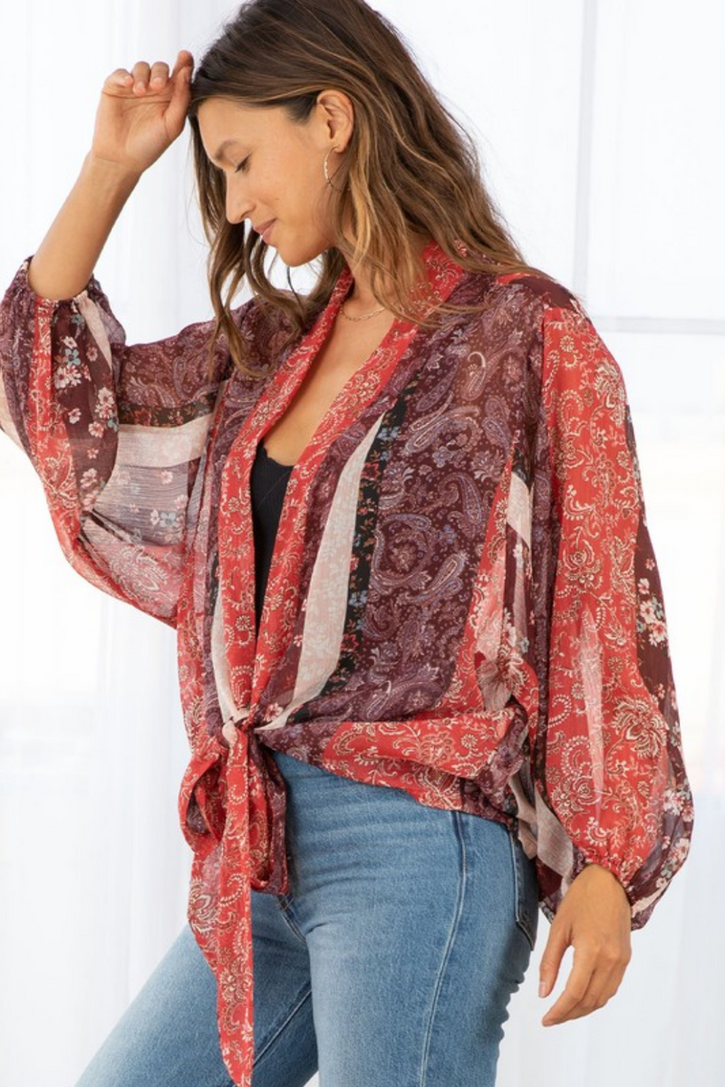 Red/Plum Floral Patchwork Tie Front Top