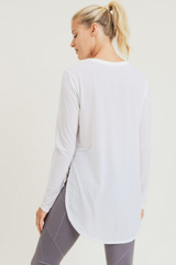 White Ribbed Mesh Long Sleeve Flow Top with Side Slits